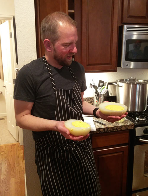 Two halves of a hard-boiled ostrich egg (Photo credit: Dave)