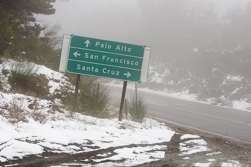 Snow on Skyline Boulevard in the Santa Cruz Mountains near Stanford, Palo Alto, and San Francisco.