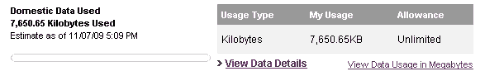 My data plan usage, as seen on the Verizon web site.  Compare my mobile broadband card (top) with my Droid (bottom) and notice the different cap limits.  Specifically, note that the upper limit for the Droid is unlimited.