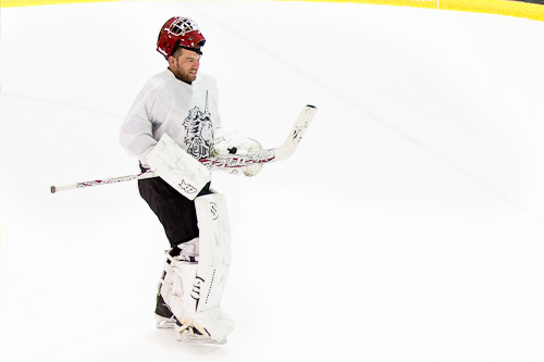 Skating towards my net in November 2014, the week before my knee injury (Photo: Tyler)